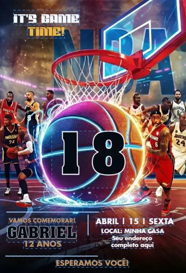 Convite Basquete 1 – tema Aniversário cores vibrantes, estilo esportivo, elementos gráficos de basquete, design moderno, inspirado na NBA