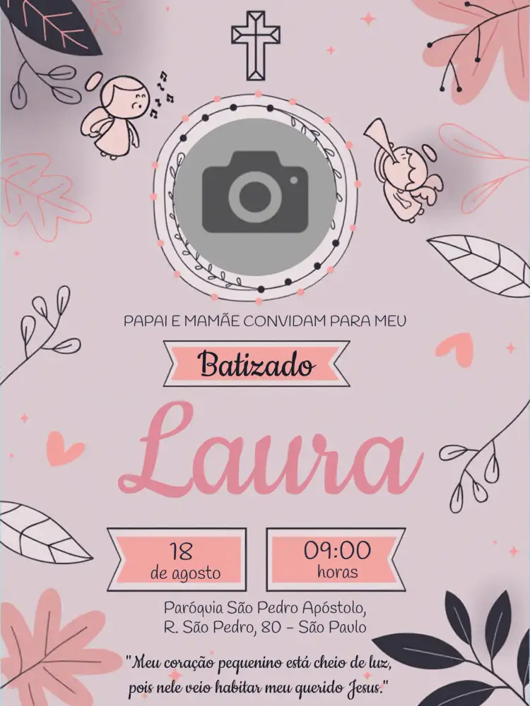 Convite Batiazdo Com Foto Menina – tema Batizado delicado, rosa, anjos, minimalista, infantil
