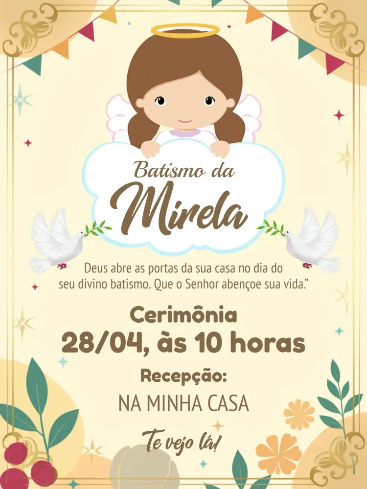 Convite Batismo Anjinha Católica – tema Primeira Comunhão delicado, religioso, pastel, infantil, floral, moderno