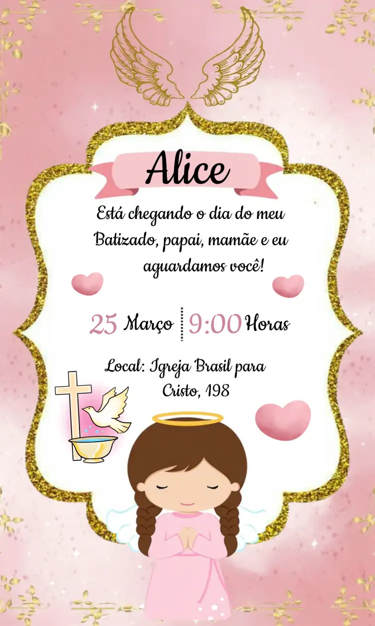 Convite Batismo Anjinha Glitter Igreja – tema Batizado rosa, glitter, dourado, anjinha, delicado, infantil