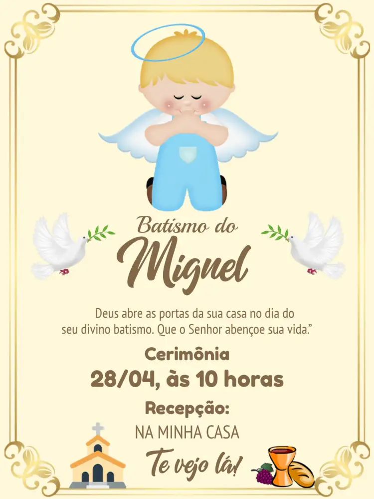 Convite Batismo Anjinho Primeira – tema Primeira Comunhão delicado, angélico, suave, pastel, infantil