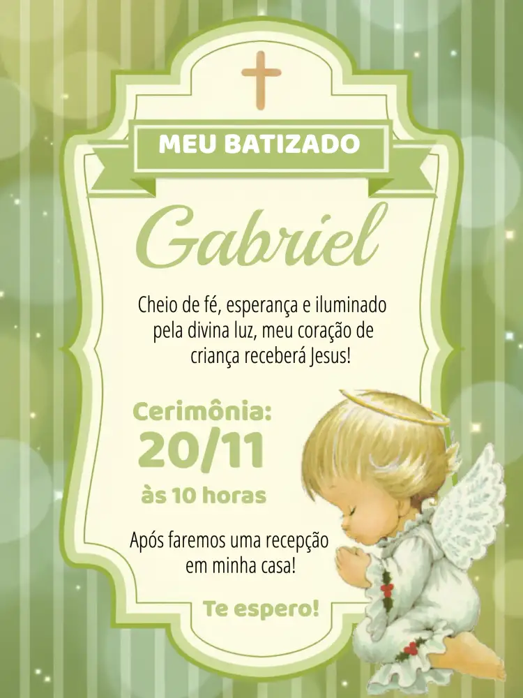 Convite Batismo Anjinho Verde Menino – tema Batizado infantil, verde, anjinho, delicado, colorido, alegre