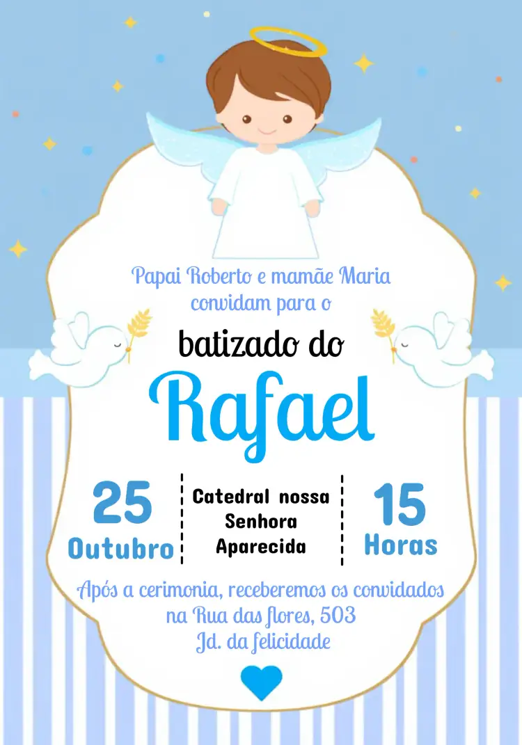 Convite Batismo Azul Anjo Menino Comunhão – tema Primeira Comunhão azul claro, anjos, minimalista, elegante, infantil