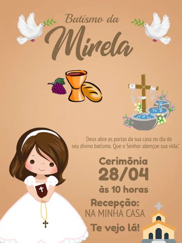Convite Batismo Menina Batizado – tema Primeira Comunhão floral, moderno, pastel, minimalista, angelical