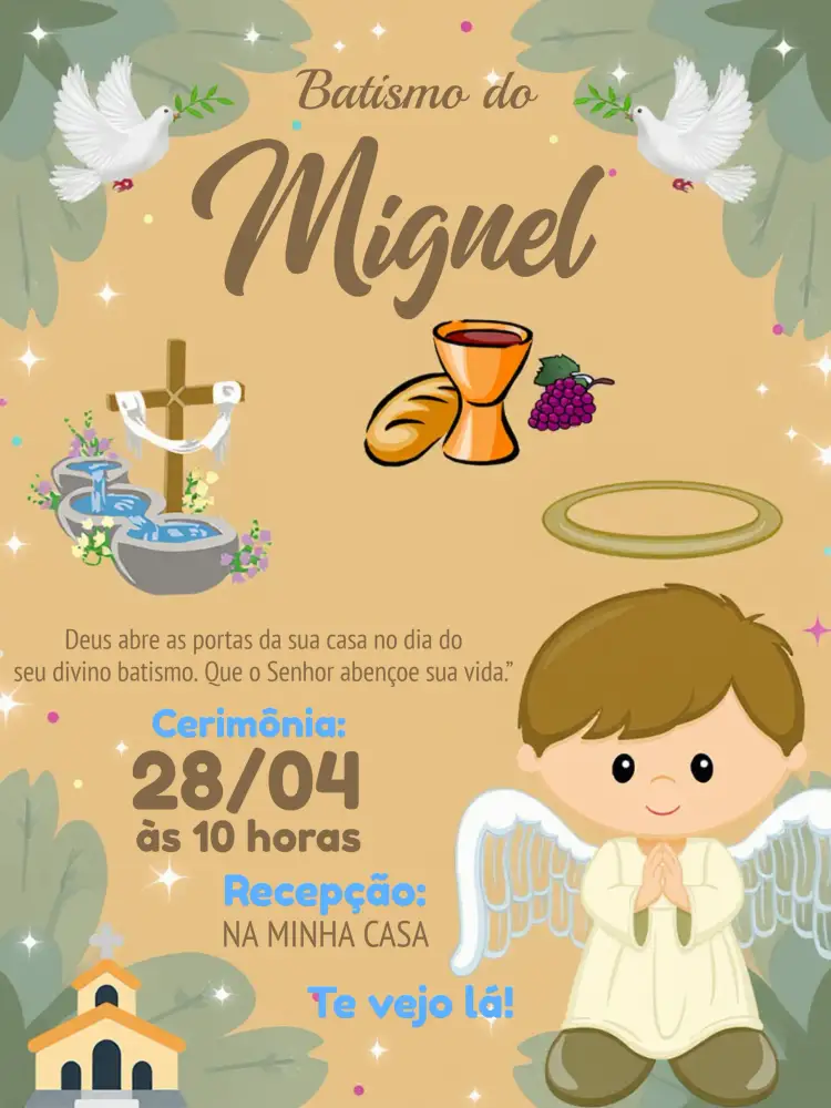 Convite Batismo Menino Batizado – tema Primeira Comunhão angelical, pastel, minimalista, moderno, dourado