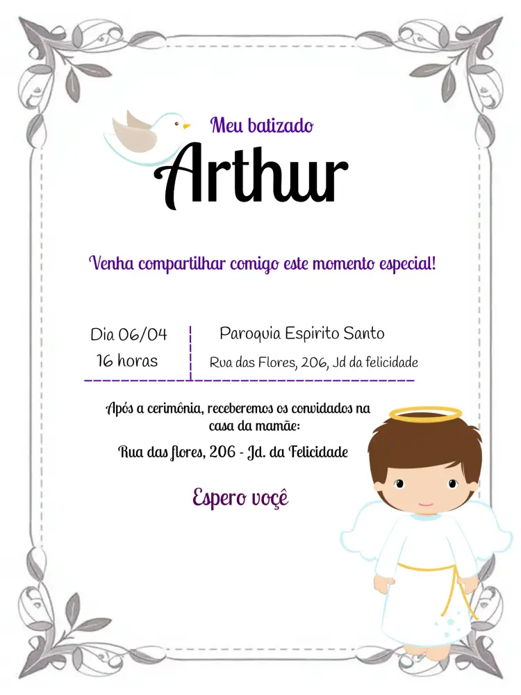 Convite Batizado – tema Batizado azul, minimalista, moderno, divino, branco e dourado, ilustrações infantis