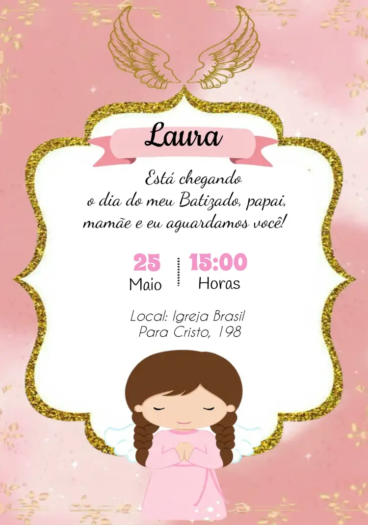 Convite Batizado Anjinha Amarelo – tema Batizado amarelo, anjinhos, infantil, delicado, alegre