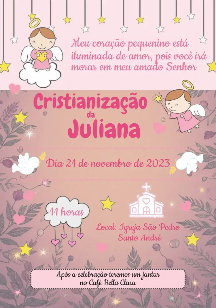 Convite Batizado Anjinha Amarelo – tema Batizado delicado, infantil, anjos, cores suaves, romântico, luz e esperança