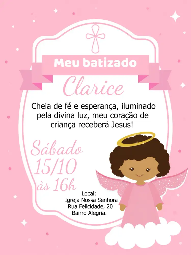 Convite Batizado Anjinha Anjinho – tema Batizado rosa, branco, anjinhos, delicado, religioso