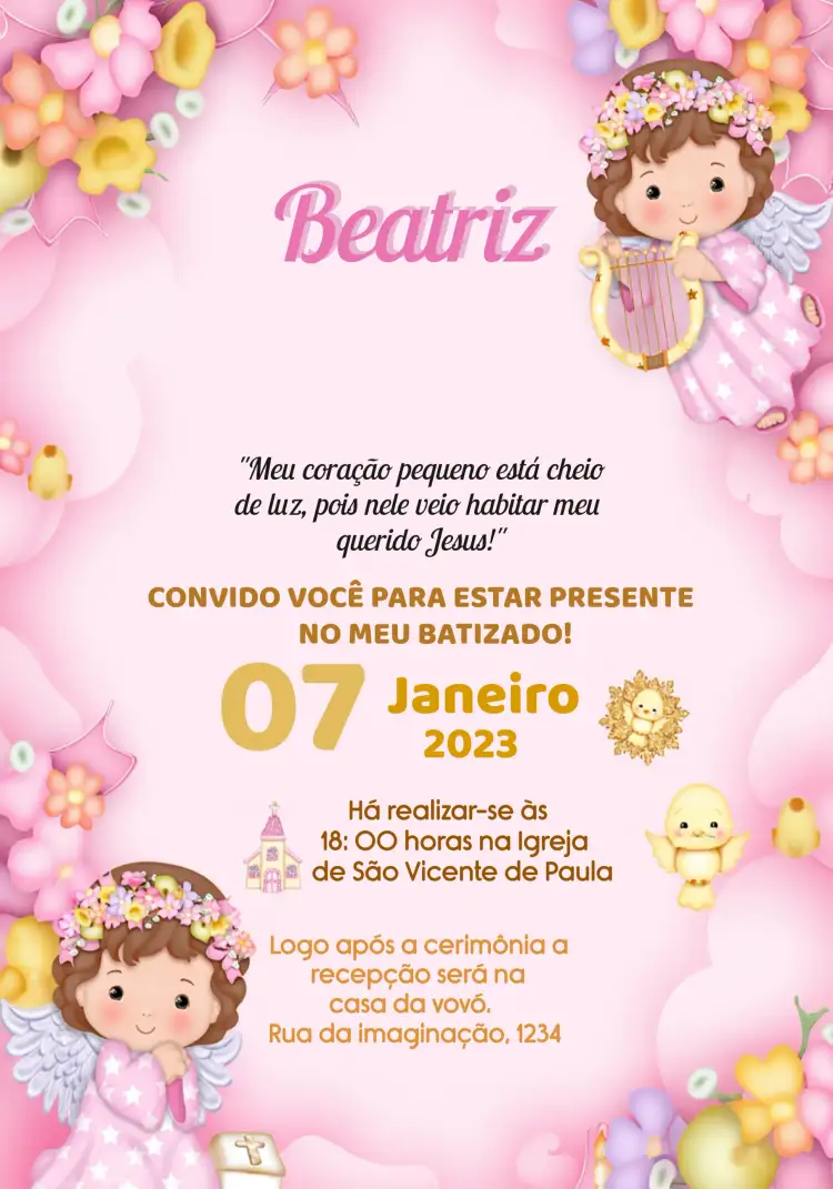 Convite Batizado Anjinha Branco – tema Batizado delicado, anjos, cores suaves, minimalista, infantil, romântico