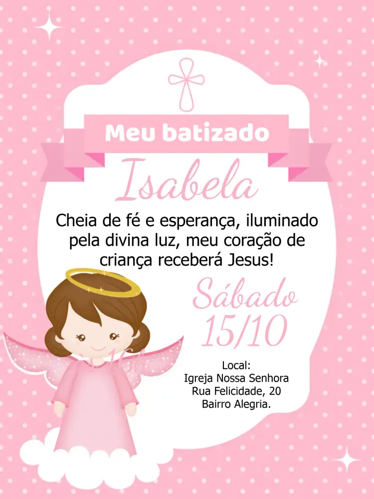 Convite Batizado Anjinha Branco – tema Batizado delicado, moderno, minimalista, branco e rosa, infantil, espiritual