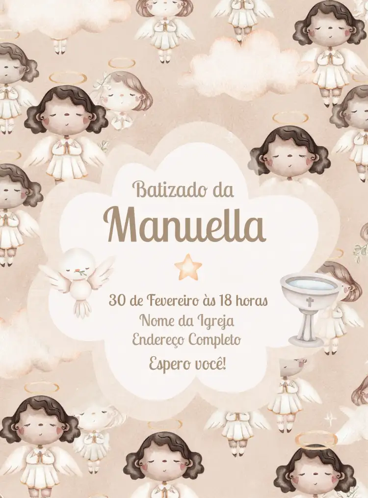 Convite Batizado Anjinha Infantil – tema Batizado delicado, aquarela, anjinho, pastel, infantil, romântico