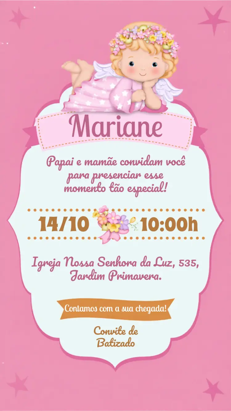 Convite Batizado Anjinha Infantil editável e personalizável