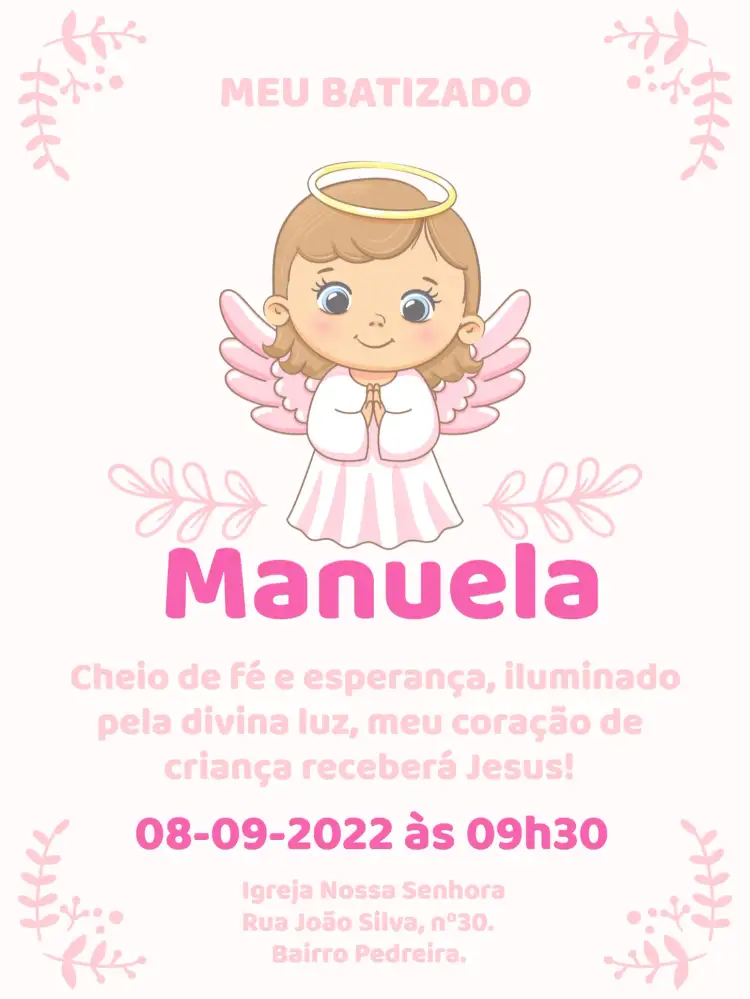 Convite Batizado Anjinha Religião – tema Batizado floral, delicado, rosa, branco, infantil, religioso