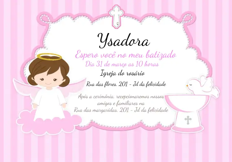 Convite Batizado Anjinha Rosa – tema Batizado rosa, branco, delicado, angelical, infantil, moderno
