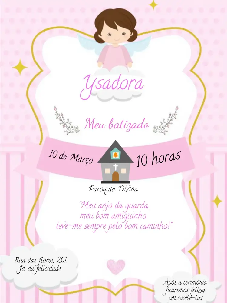 Convite Batizado Anjinha Rosa – tema Batizado rosa, branco, dourado, moderno, delicado, infantil