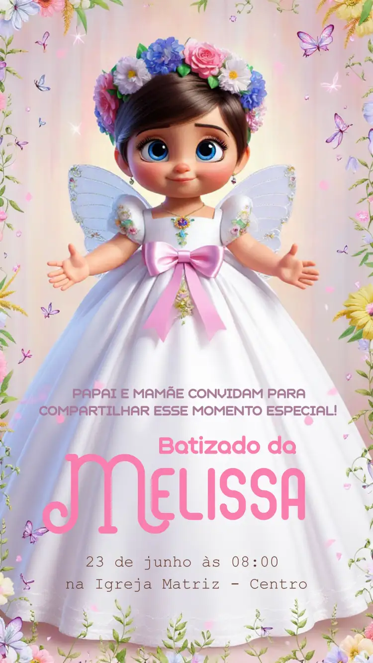 Convite Batizado Anjinha Rosa – tema Batizado floral, delicado, romântico, moderno, suave, infantil