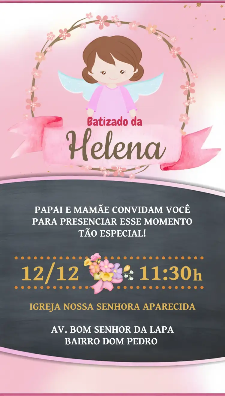 Convite Batizado Anjinha Rosa Infantil – tema Batizado rosa pastel, anjos, infantil, delicado, divertido, elegante