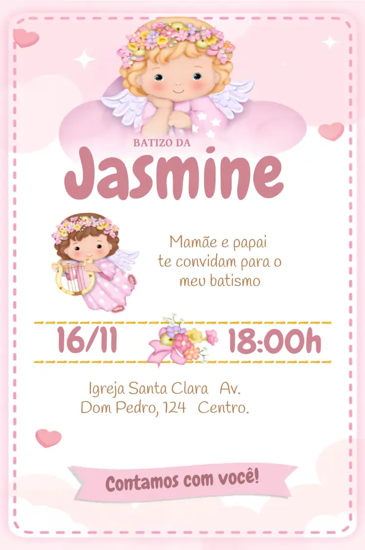 Convite Batizado Anjinha Rosa Lindo – tema Batizado rosa, anjinhos, celestial, delicado, inspirador