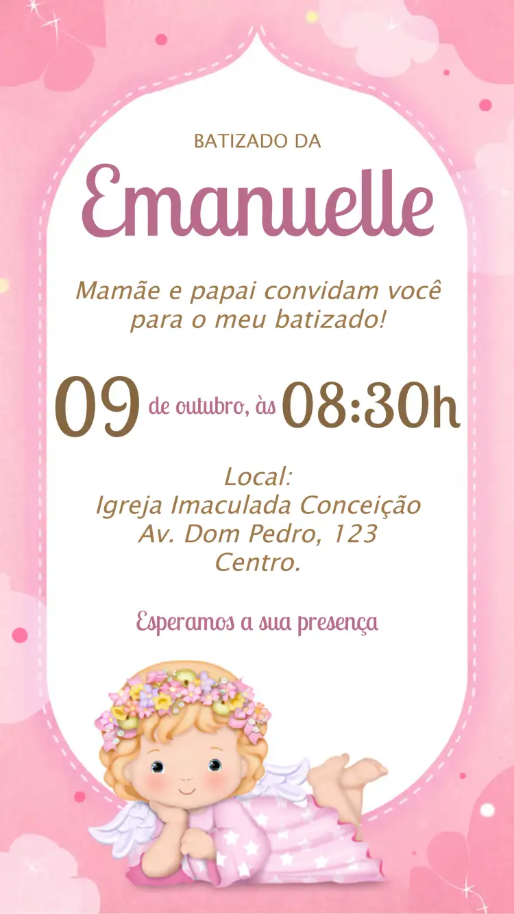 Convite Batizado Anjinha Rosa Menina – tema Batizado rosa, delicado, infantil, anjinho, floral, moderno