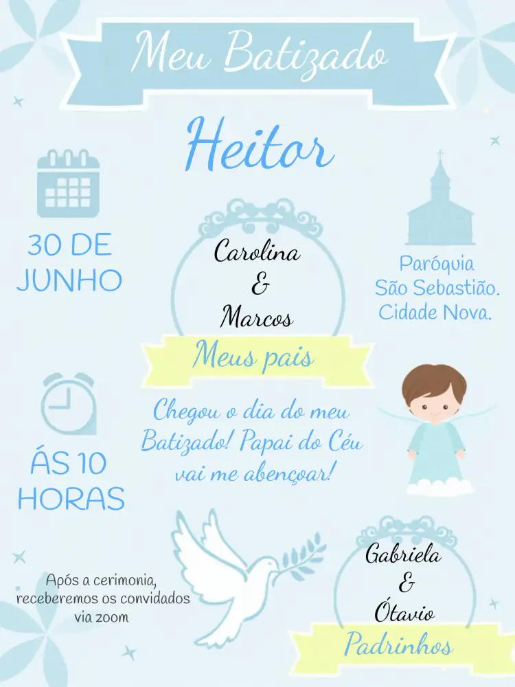 Convite Batizado Anjinho – tema Batizado azul, anjinho, delicado, infantil, moderno, minimalista