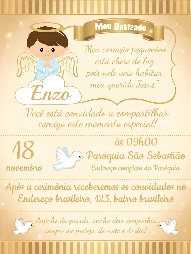 Convite Batizado Anjinho – tema Batizado dourado, branco, minimalista, infantil, angelical, clássico