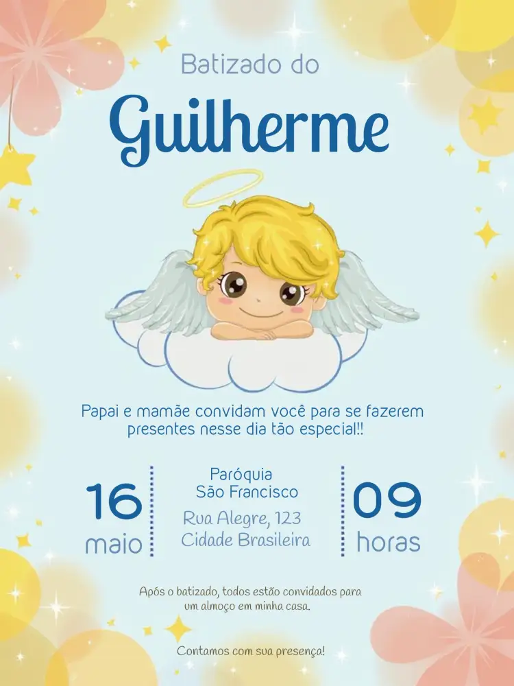 Convite Batizado Anjinho - – tema Batizado delicado, infantil, azul e amarelo, nuvens e estrelas, moderno, festivo
