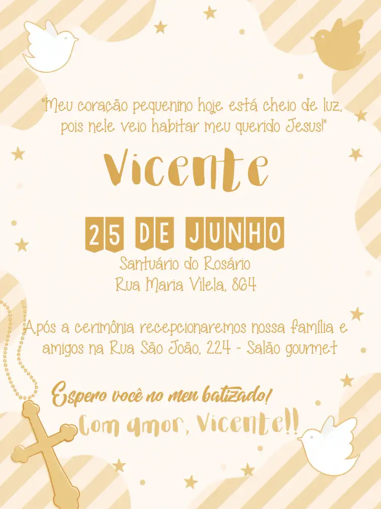 Convite Batizado Anjinho – tema Primeira Comunhão dourado, bege, branco, anjinhos, minimalista, elegante