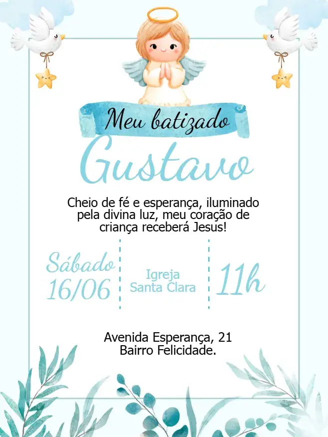 Convite digital Batizado Anjinho aquarela
