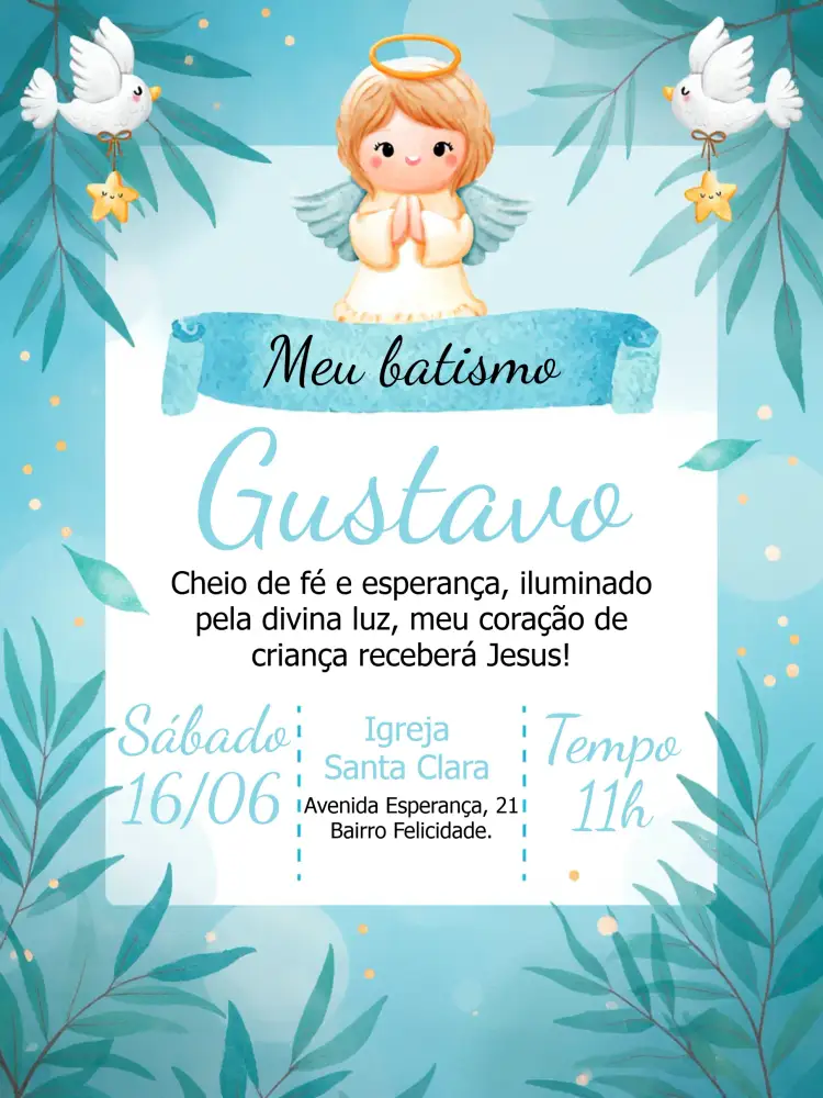 Convite Batizado Anjinho Amarelo – tema Batizado anjinho, amarelo, dourado, religioso, minimalista