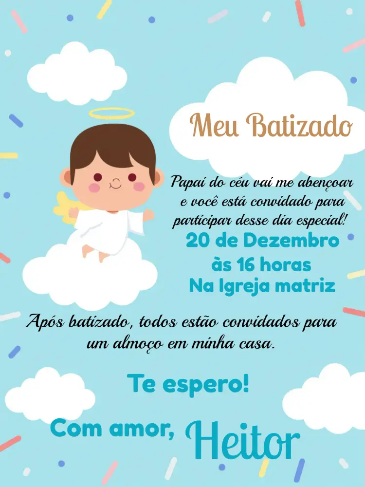 Convite Batizado Anjinho Anjinha – tema Batizado azul claro, branco, anjinhos, céu, moderno, delicado