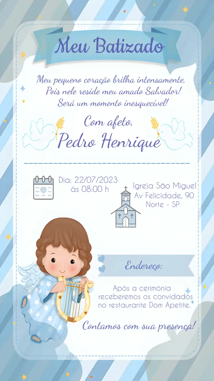 Convite Batizado Anjinho Azul – tema Batizado azul suave, anjinhos, minimalista, infantil, elegante