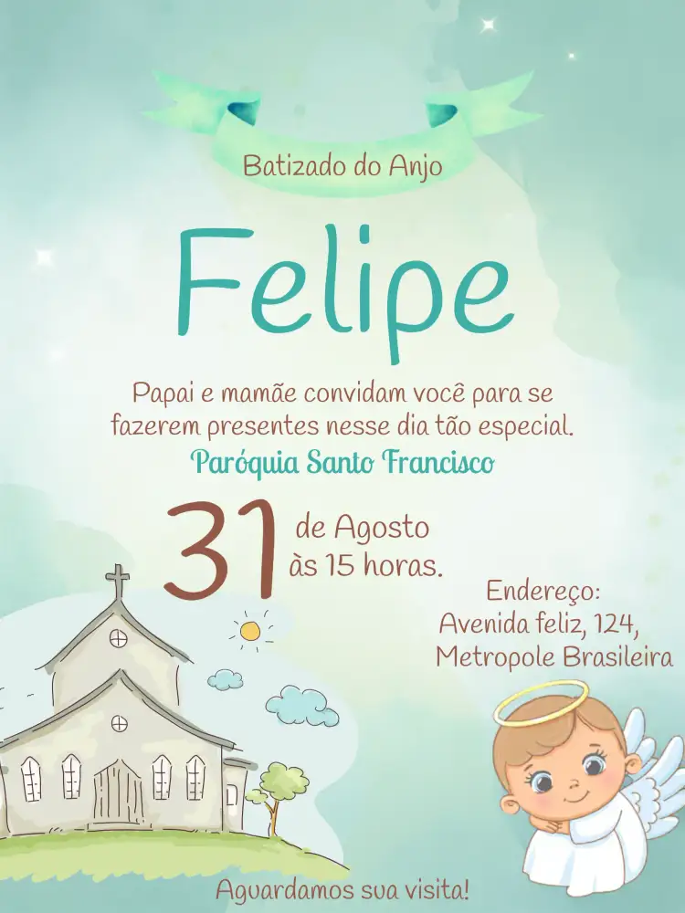 Convite Batizado Anjinho Banner – tema Batizado anjinho, azul claro, branco, igreja, minimalista, infantil