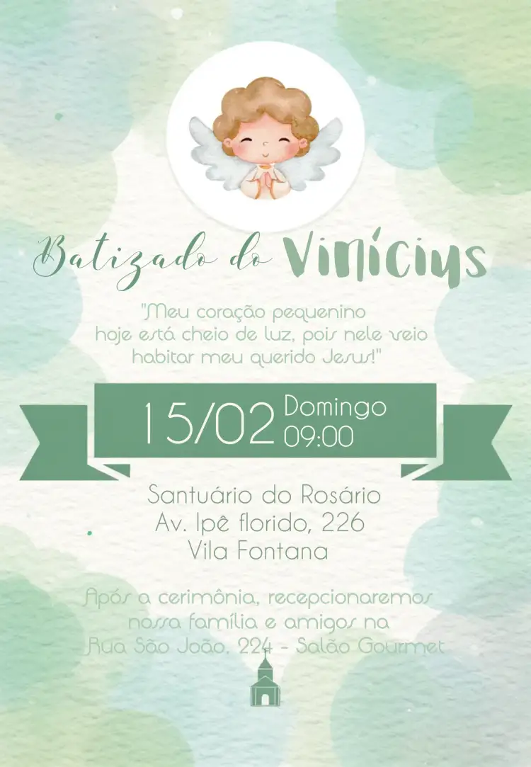 Convite Batizado Anjinho Branco – tema Primeira Comunhão minimalista, clássico, católico, delicado, verde e branco, anjinhos