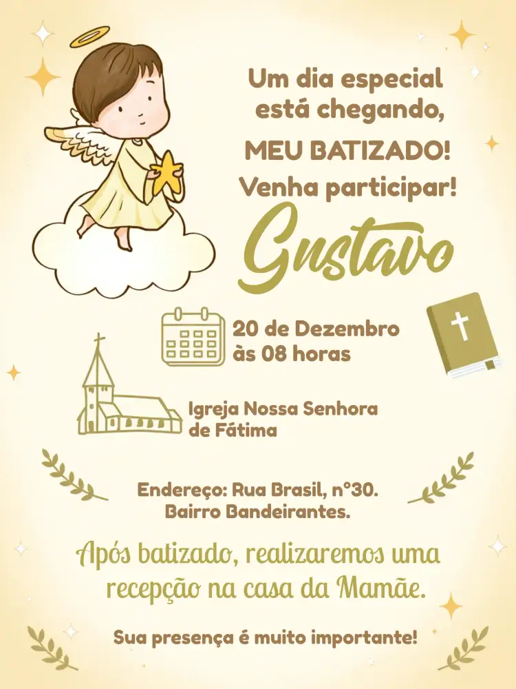 Convite Batizado Anjinho Branco – tema Batizado angelical, dourado, minimalista, moderno, suave, clássico