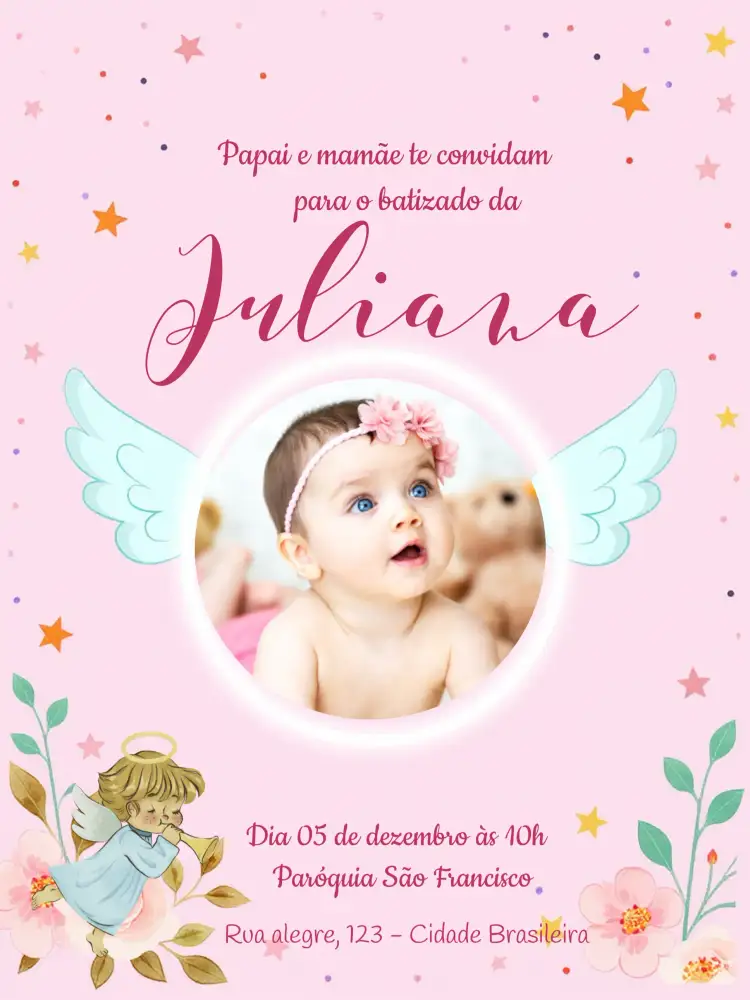 Convite Batizado Anjinho Com Foto Azul – tema Batizado azul e rosa, delicado, infantil, moderno, minimalista, gráficos fofos