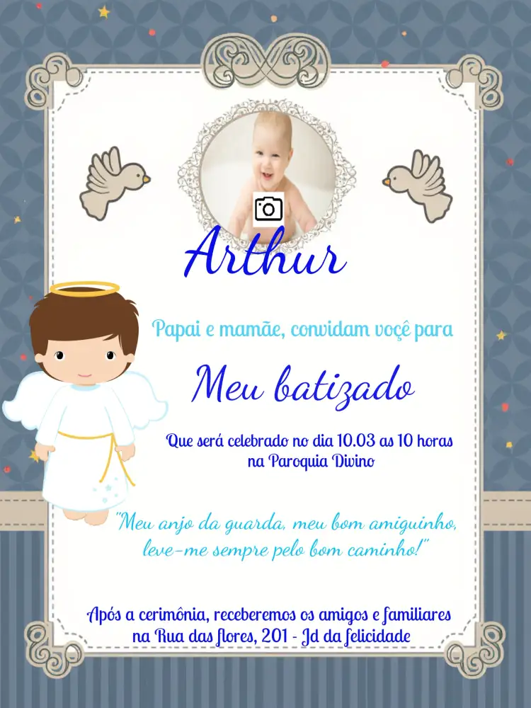 Convite Batizado Anjinho Com Foto Branco – tema Batizado delicado, moderno, anjinho, azul, branco, minimalista