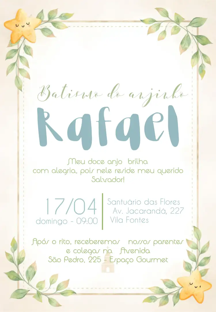 Convite Batizado Anjinho Comunhão – tema Primeira Comunhão verde, branco, anjinhos, minimalista, católico, delicado