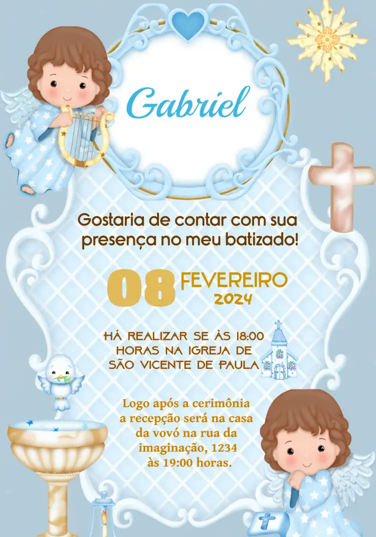 Convite Batizado Anjinho Harpa – tema Batizado delicado, infantil, anjos, pastel, espiritual, moderno