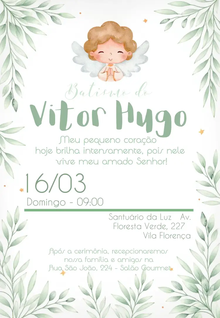 Convite Batizado Anjinho Igreja – tema Primeira Comunhão verde e branco, anjinhos, minimalista, católico, ilustrações infantis, design moderno