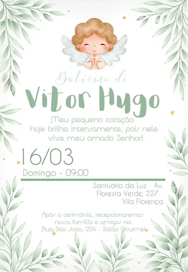 Convite Batizado Anjinho Igreja editável e personalizável