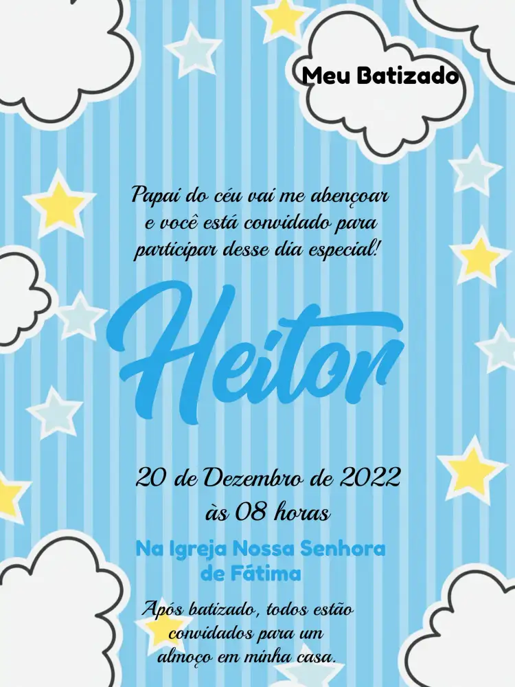 Convite Batizado Anjinho Madrinha – tema Batizado azul e branco, anjinho, nuvens, estilo minimalista, design moderno
