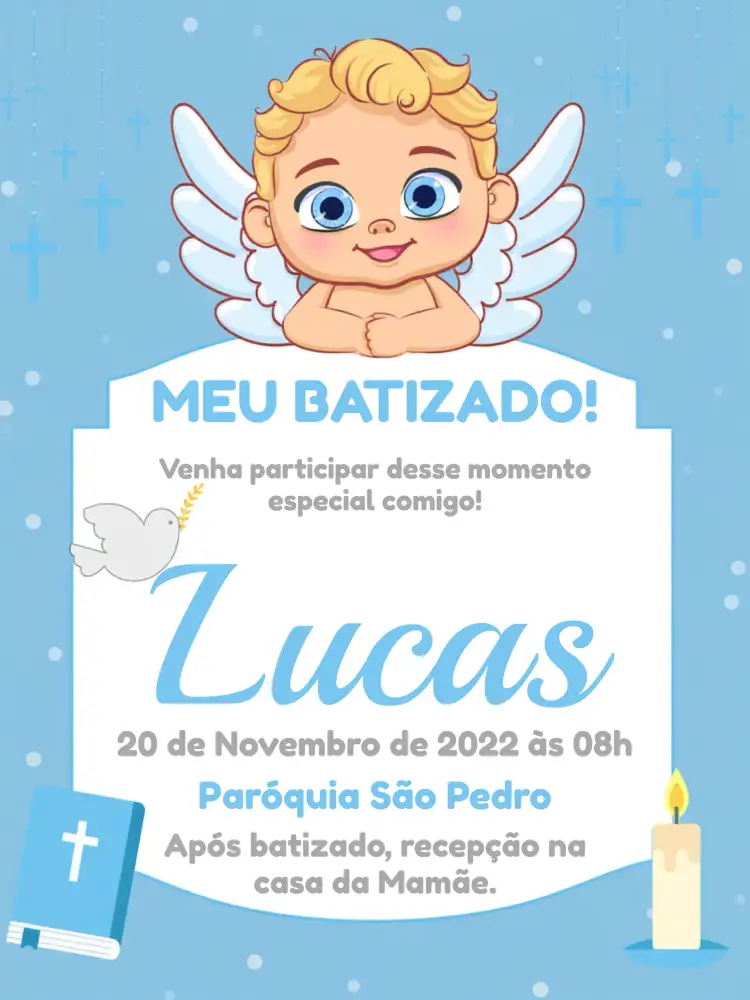 Convite Batizado Anjinho Madrinha – tema Batizado azul, branco, cinza, anjinho, minimalista