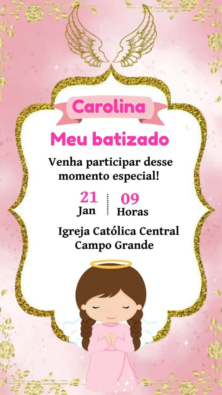 Convite Batizado Anjinho Menina Infantil – tema Batizado rosa, glitter, anjinhos, infantil, dourado, delicado