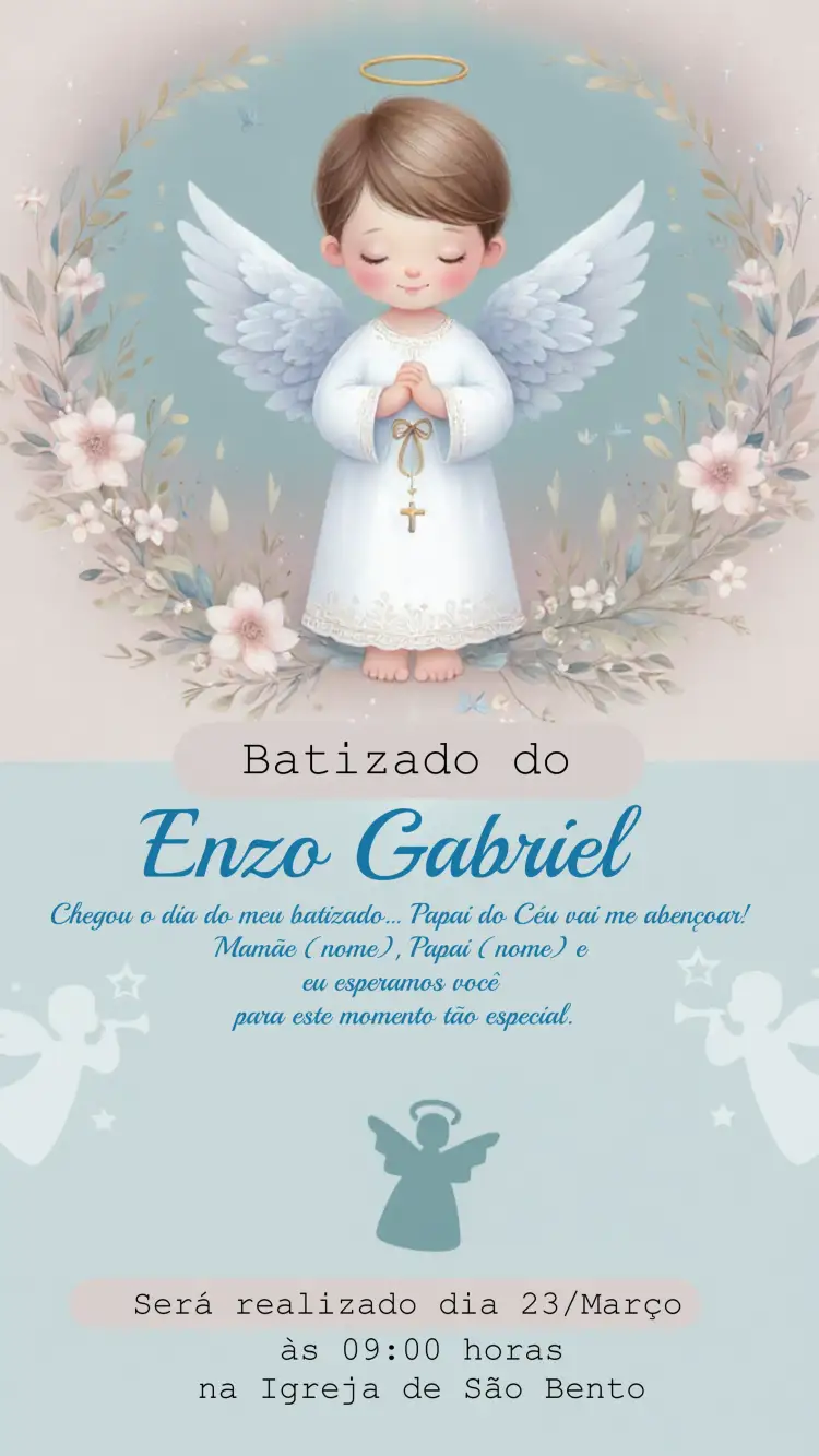 Convite Batizado Anjinho Menino Azul – tema Batizado azul suave, anjinhos, flores delicadas, moderno, infantil, elegante