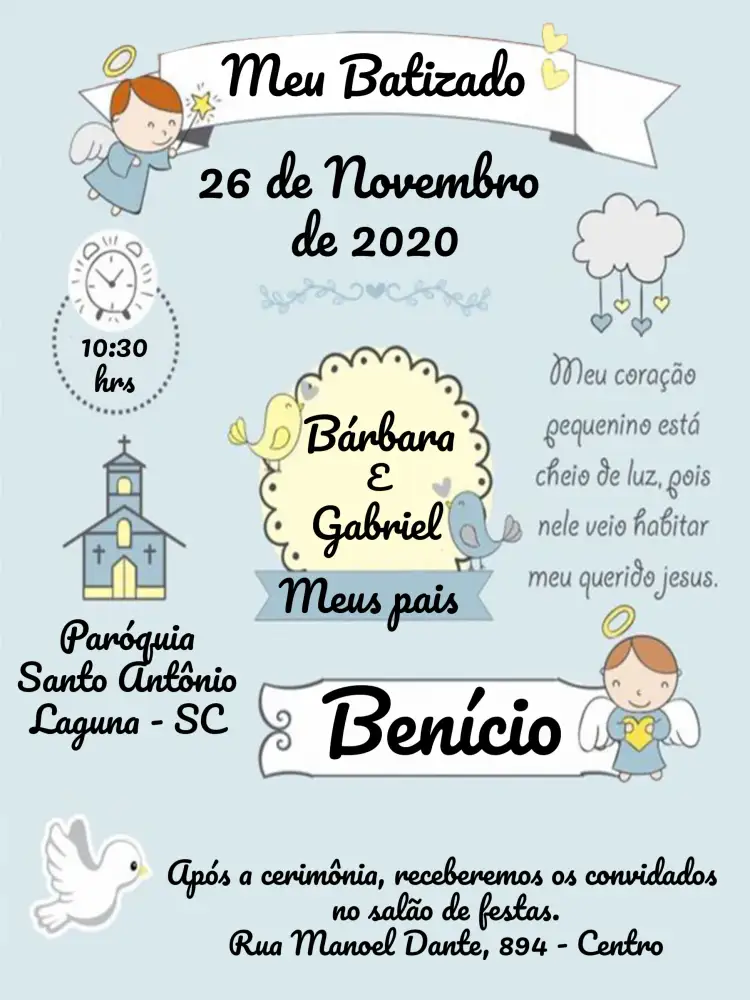 Convite Batizado Anjinho Menino Azul – tema Batizado azul, branco, anjinhos, pássaros, coração, delicado