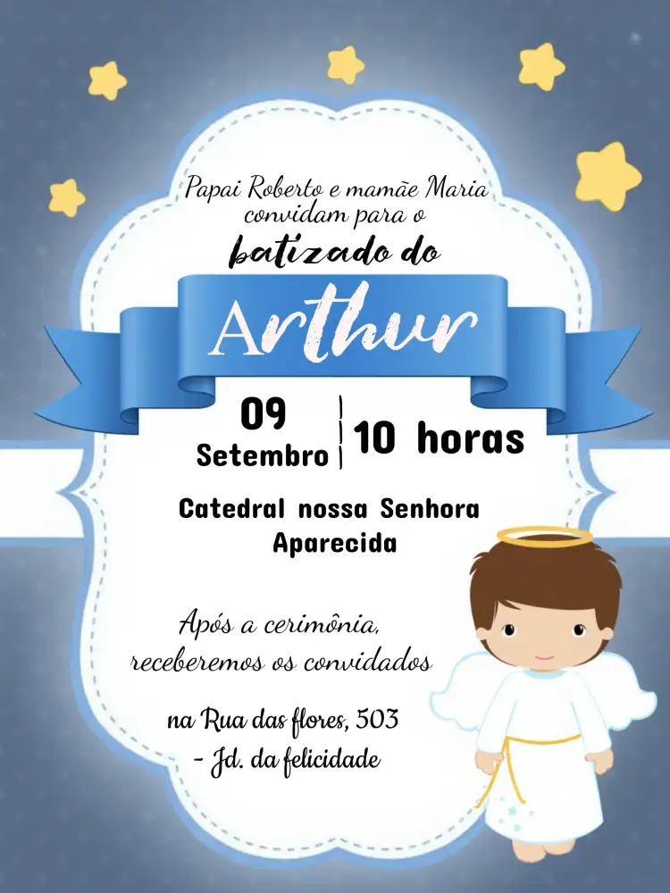 Convite Batizado Anjo Menino Azul – tema Batizado azul, branco, amarelo, poá, estrelas, delicado