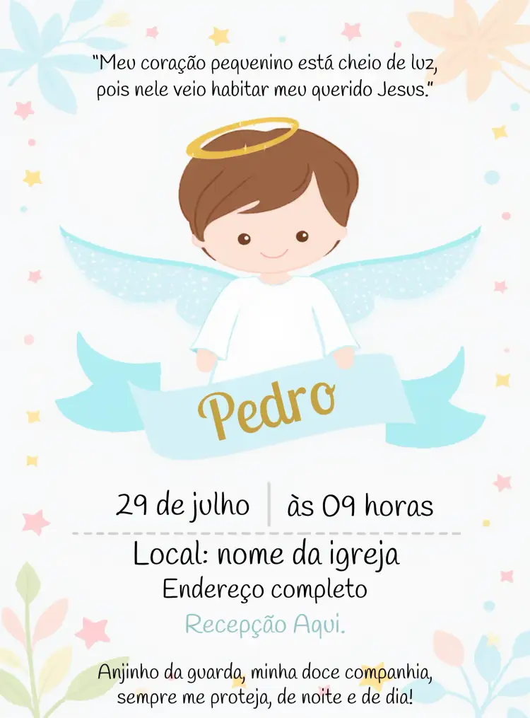 Convite Batizado Anjo Recepção – tema Batizado azul, anjinhos, delicado, moderno, festivo, encantador