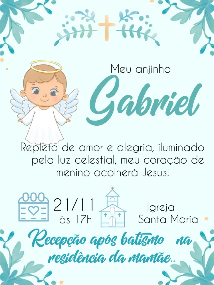 Convite Batizado Batismo – tema Batizado delicado, minimalista, moderno, anjinhos, flores