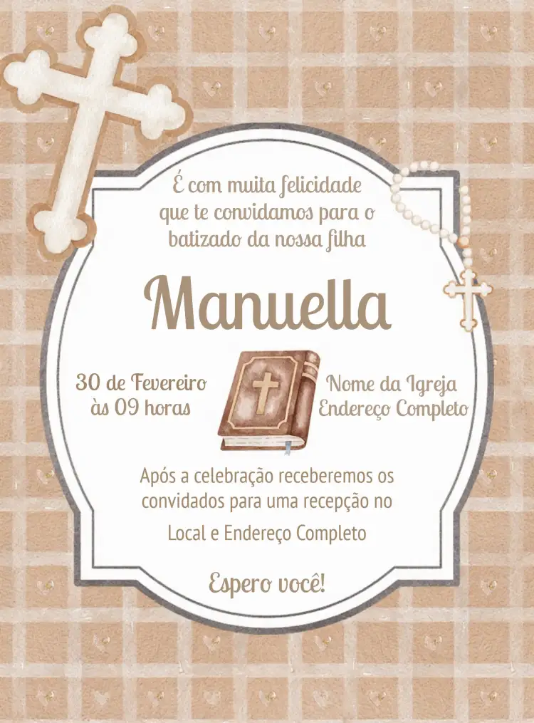 Convite Batizado Batismo – tema Batizado marrom, clássico, religioso, delicado, minimalista, elegante